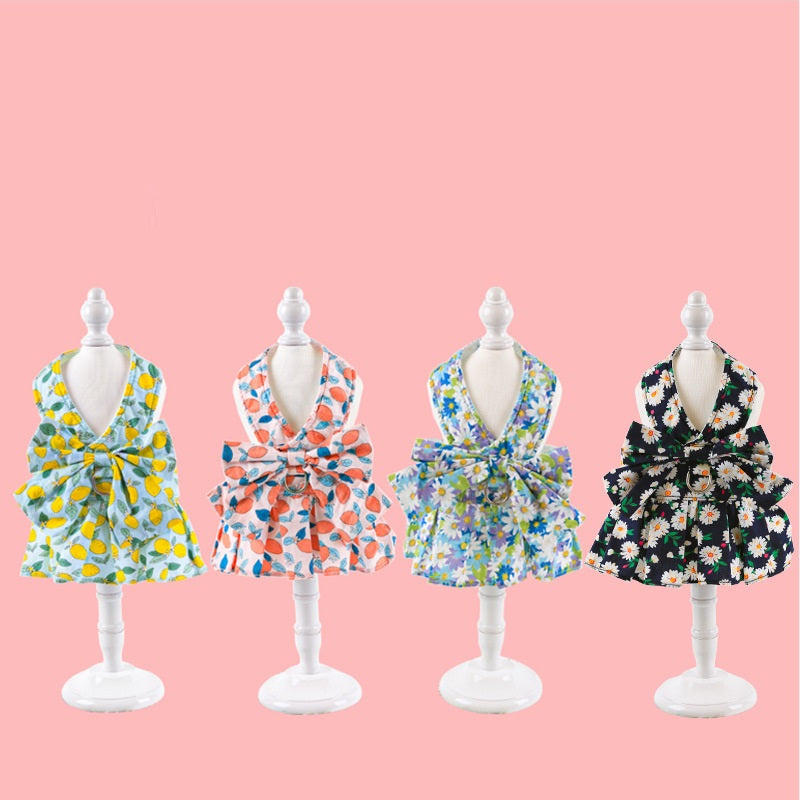 Summer Dog Princess Dress with Leash and Chest Strap