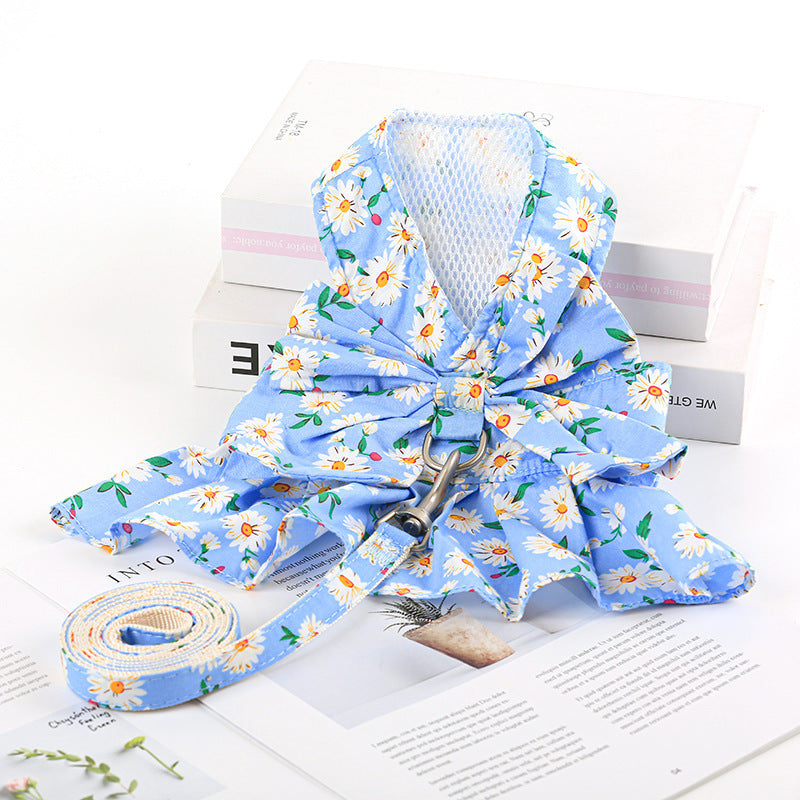 Summer Dog Princess Dress with Leash and Chest Strap